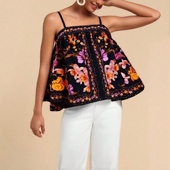 Tops - Black Boho Women's Floral Print Loose Camisole Tank Top